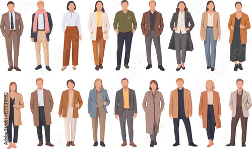 Diverse Professional Flat Vector Illustrations of Business Men and Women in Smart Casual and Formal Attire, Ideal for Corporate and Fashion Design, CAD Drawing