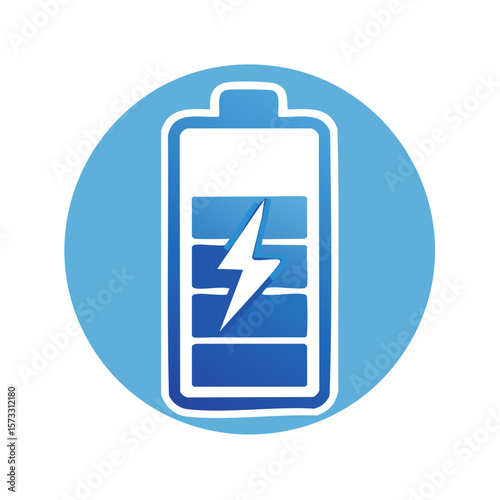 Electric energy battery icon in light blue circle representing charged state and power source for devices