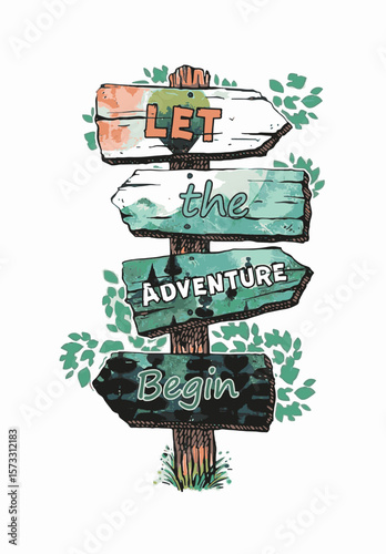 Wooden signpost with inspirational travel words adventure