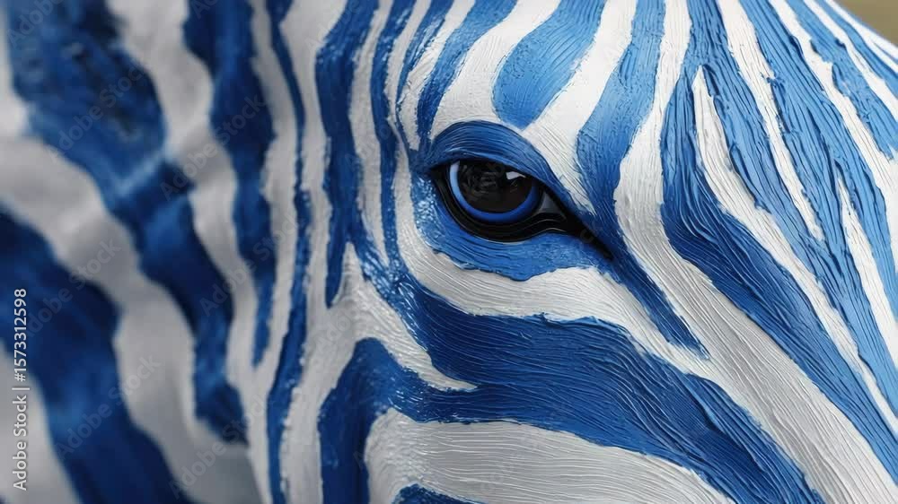 Close-up of zebra face with stripes and eye detail, emphasizing the distinctive pattern and vivid coloration.