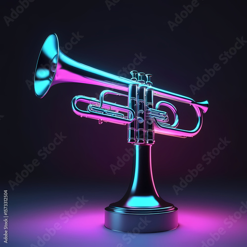 Trumpet with dark neon light effect, 3d rendering.  