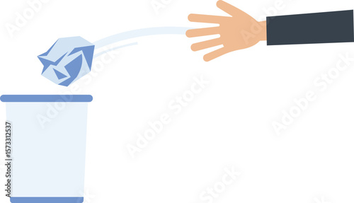 Hand throwing paper into trash can, waste disposal, rejection, failure,white background, blue paper, trash can, hand gesture, simple design, flat design, crumpled paper, dark sleeve, light blue,