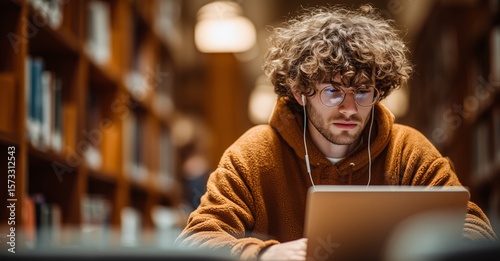 A young man in a cozy orange hoodie is studying intently at a laptop. He wears headphones and sits in a library surrounded by bookshelves, creating a quiet atmosphere for concentration.