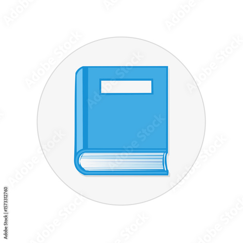 Illustration of a closed light blue hardcover book with white label against a white circle background, knowledge or education