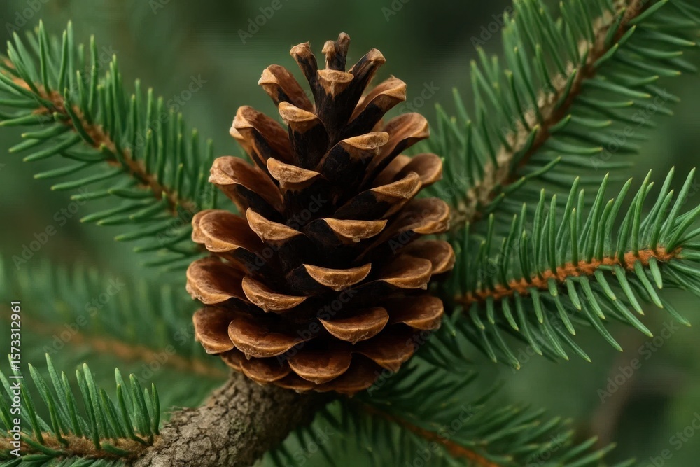 A pine cone on a branch of a tree with green needles in the background A pine cone on a branch of a tree with green needles in the background