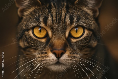 A close-up of a tabby cat's face, with its striking yellow eyes gazing directly into the camera lens