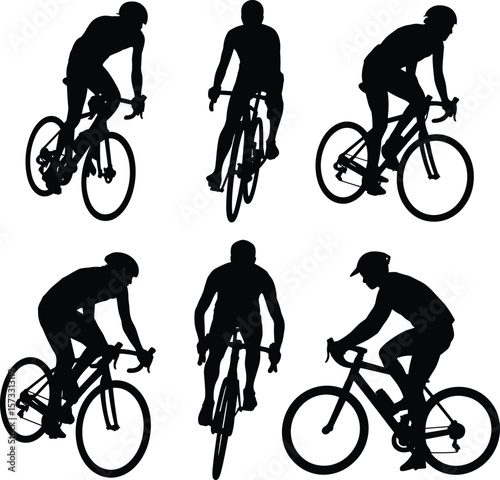Dynamic silhouettes of cyclists riding road bikes in various perspectives and active poses, representing sport, fitness, outdoor activity, and healthy lifestyle pursuits on a white background.