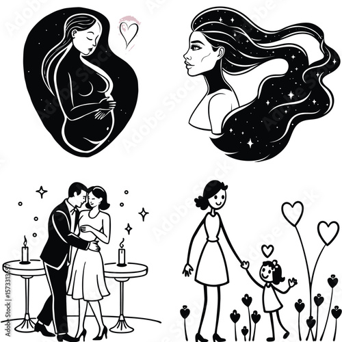 Vector art of a collection of heartwarming illustrations depicting various stages of family life, from pregnancy to parenthood, emphasizing love and togetherness