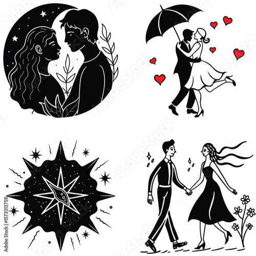 Vector art of romantic illustrations showcasing couples in various loving moments, from intimate embraces under an umbrella to tender gazes under the moonlight