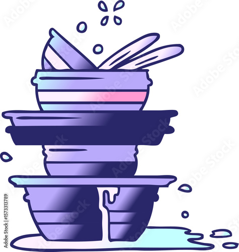 hand drawn gradient cartoon doodle of a stack of dirty plates in bright neon color