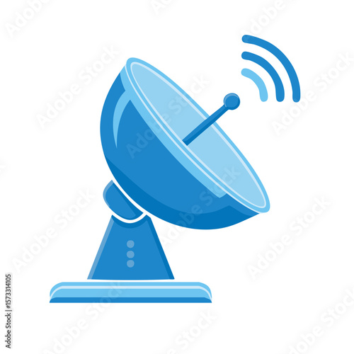 Blue satellite dish with visible signal waves for communication, broadcasting, connection technology and global network concept.