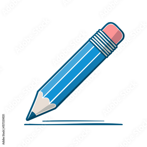 Illustration of a blue pencil with an eraser drawing a line. Art supply for sketching and writing.