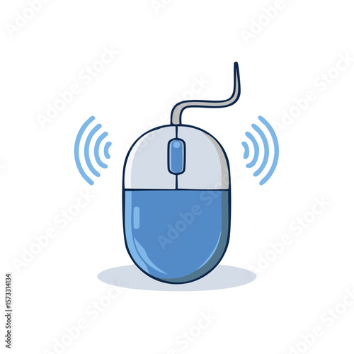 Blue Computer Mouse with Cord and Wireless Signal - Isolated vector illustration for internet technology or desktop interface
