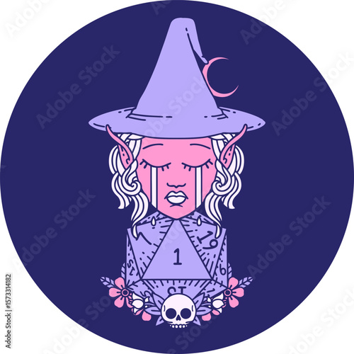 icon of crying elf witch with natural one D20 roll in bright neon color