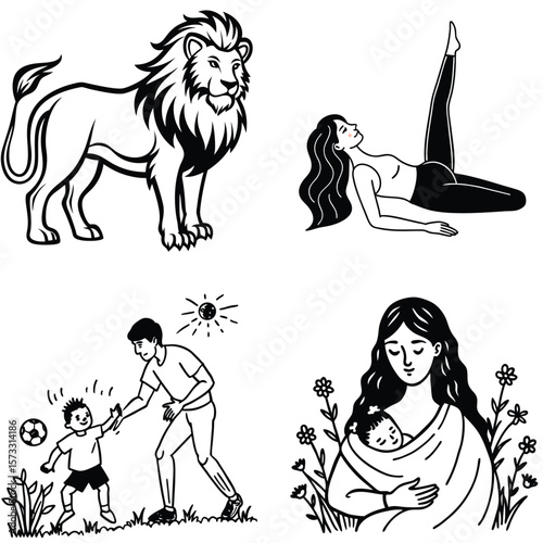 Vector art of a collection of illustrations portraying a lion, yoga practice, a father playing with his son, and a mother holding her baby, showcasing various aspects of life