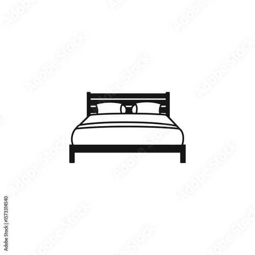 Black icon illustration depicting a detailed bed with pillows on white background