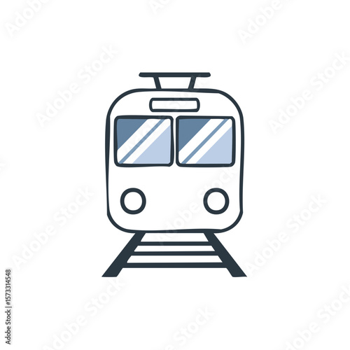 Cartoon front view of train on tracks transport doodle style illustration, train car, train rides