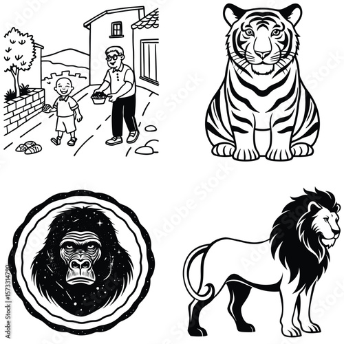 Vector art of a captivating set of black and white illustrations showcasing a heartwarming scene of a grandfather and child, along with majestic animals