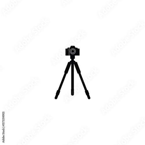 black icon of a camera on a tripod isolated on white background