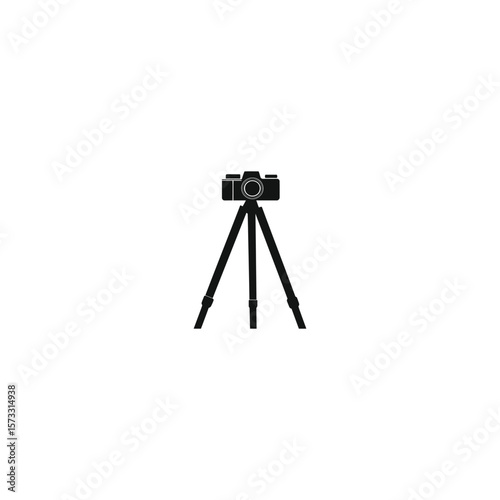 black icon of a camera on a tripod against a white background