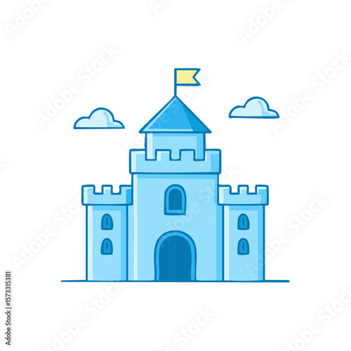 Blue Cartoon Castle with Yellow Flag and Cloud Accents, Fantasy Kingdom Illustration