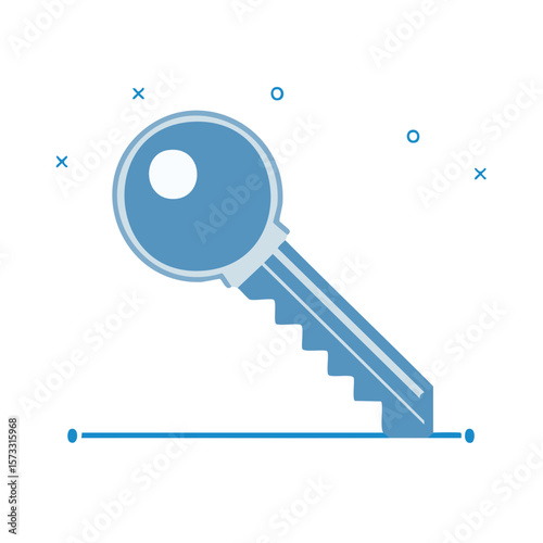 Graphic Illustration of a Blue Key with an Abstract Design Element on White Background