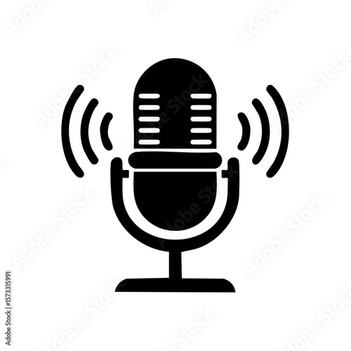 Microphone vector graphic, audio broadcasting, streaming symbol with sound waves, black color illustration