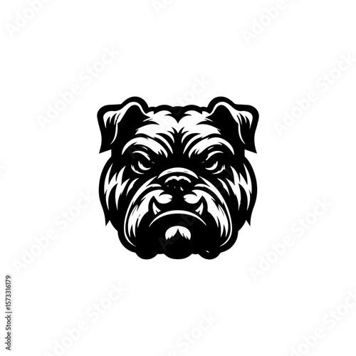 A stylized, black and white illustration of a bulldog's head, showcasing its distinctive features.