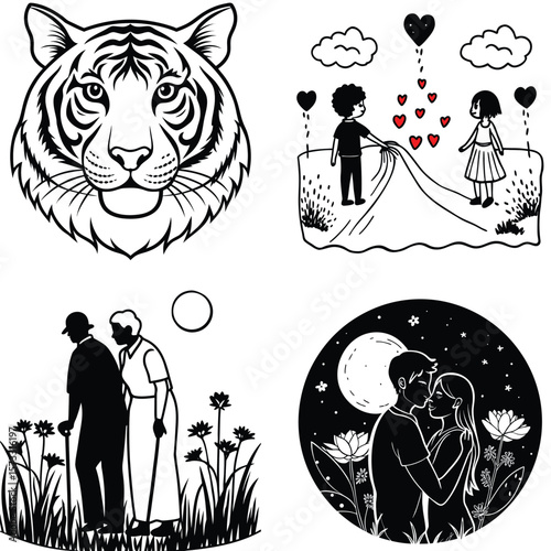 Vector art of a set of charming black and white illustrations featuring a tigers head, romantic couples, elderly people in a garden, and a moonlit night scene