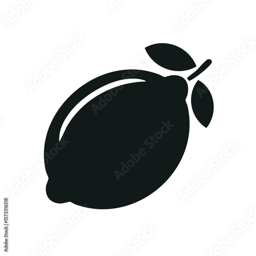 Silhouette of lemon fruit with leaves, single citrus fruit design for illustration purposes, icon of simple fresh lemon