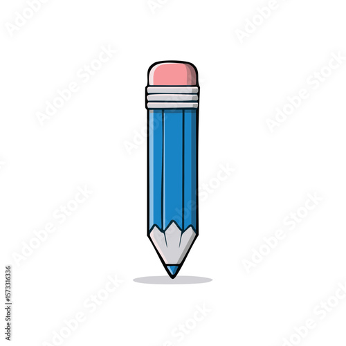 Cartoon Blue Pencil with Pink Eraser Pointing Down for Writing Drawing Correcting Tasks