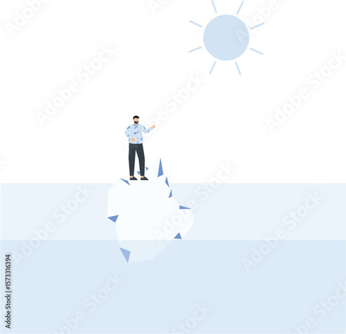 Man on Iceberg with Sun Illustration: Conceptual Business, Climate Change, climate change, melting iceberg, confident businessman, blue sky, flat design, minimalist aesthetic, visual narrative,

