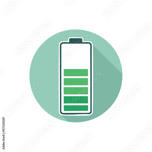  Battery Icon Showing Charge Level on Green Circle Background. Full Power Concept and Electricity.