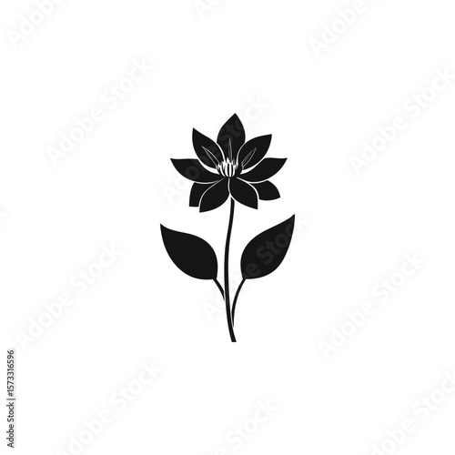 Black silhouette of a flowering plant with stem and leaves on white background