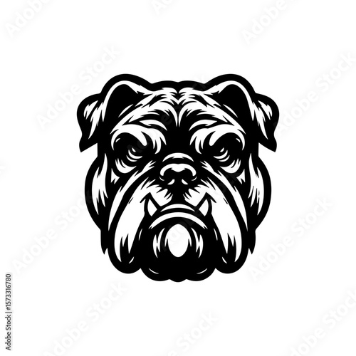 A monochrome illustration showcasing a detailed, stylized bulldog head with intense expression.