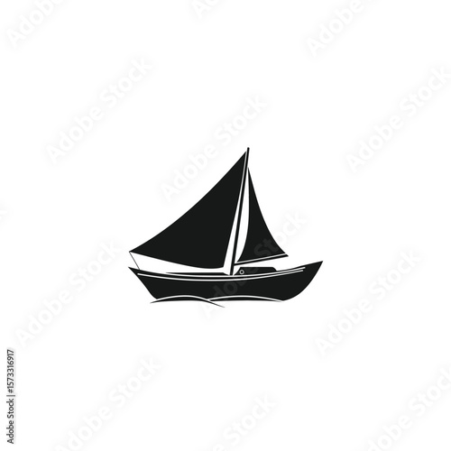 Black silhouette of sailboat cruising on white background icon illustration