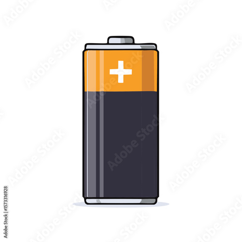 Illustrated battery vector shows the orange top with positive terminal and dark bottom as a symbol of power source and energy.