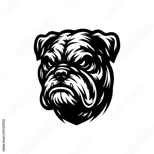 A fierce bulldog's head, rendered in a classic black and white vintage style.