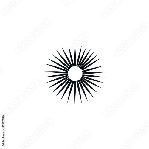Black sunburst icon on white background with symmetrical rays radiating outwards evenly
