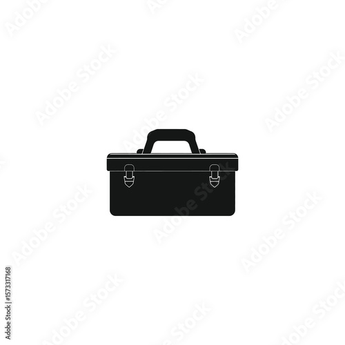 Black tool box with handle and two clasps on white background icon