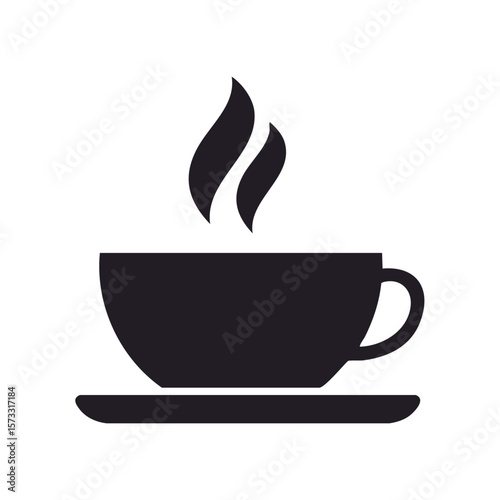 Steaming Coffee Cup Illustration. Simple Black Icon of Hot Drink on a Saucer. Breakfast Beverage Vector.