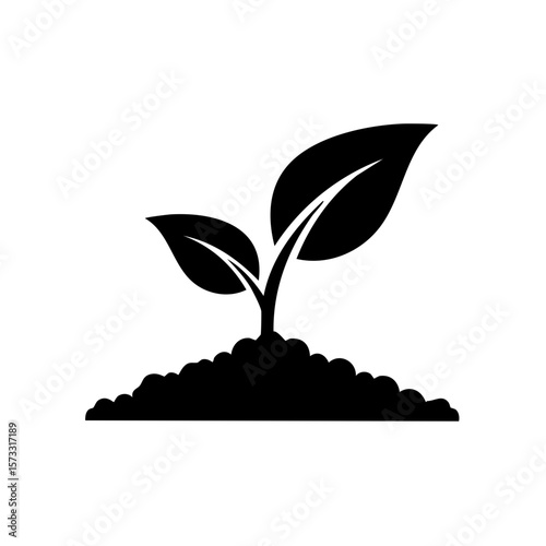 Black Silhouette Sprout in Soil with Leaves Symbolizing New Beginnings and Growth