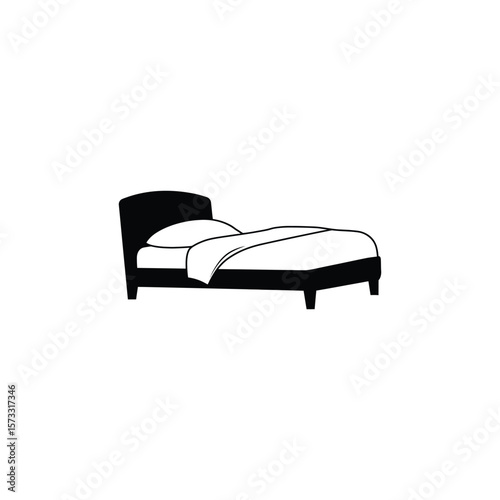 drawing of a simple bed frame icon, with pillow and blanket