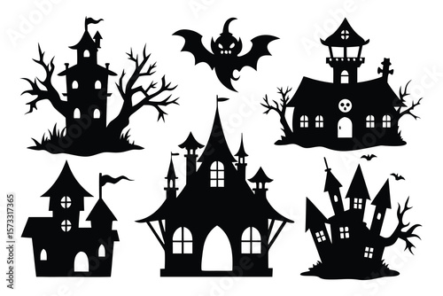 Spooky haunted houses and flying bat silhouettes halloween black