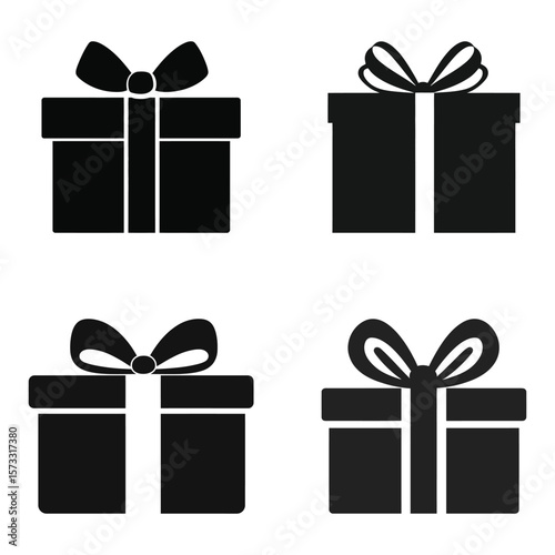 Four black gift boxes with bows icon on a white background