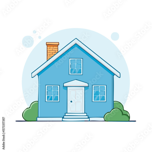 Cartoon Home Illustration with Blue Siding, Chimney, Green Bushes, and White Trim