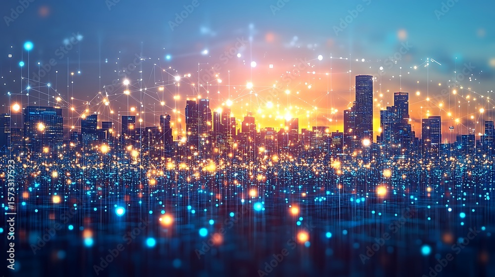 Fototapeta premium Illuminated city skyline with digital connections.