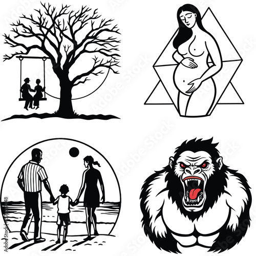 Vector art of a collection of striking black and white illustrations depicting various family moments, a powerful gorilla, and a pregnant woman, creating a diverse visual narrative
