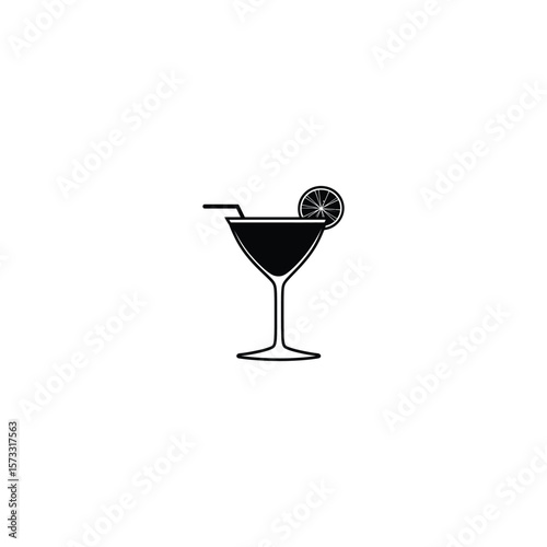 icon of black martini glass with straw and slice of lime on white