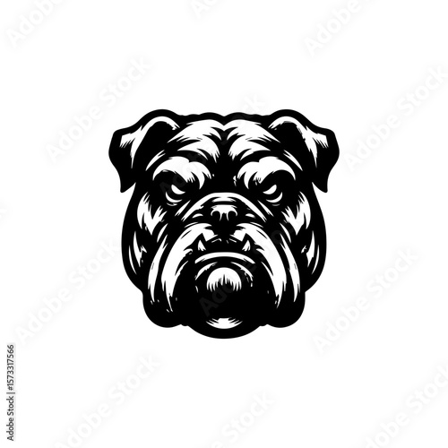 A fierce bulldog's head, rendered in a classic black and white illustration style.